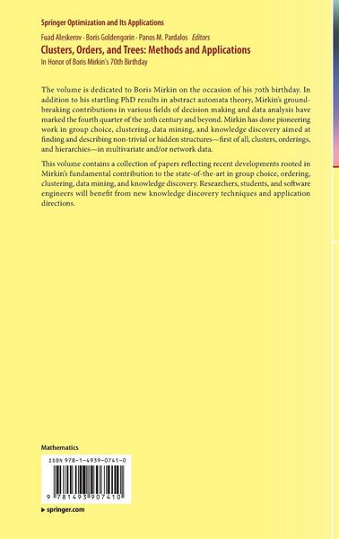 Produktbild: Clusters, Orders, and Trees: Methods and Applications