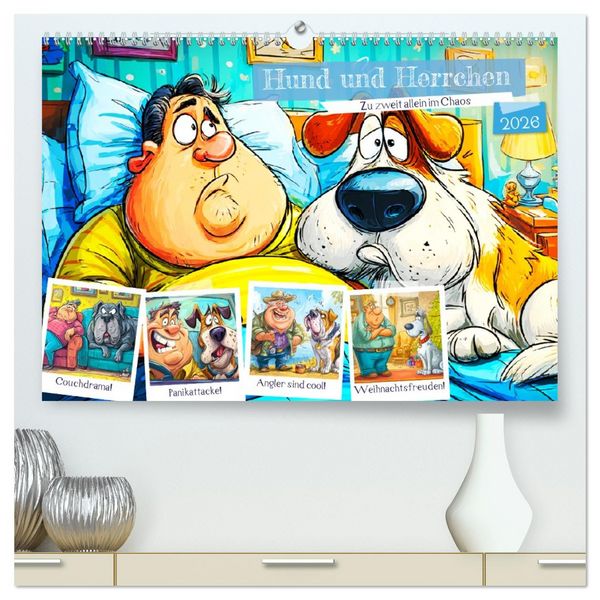 Produktbild: Hund und Herrchen. Zu zweit allein im Chaos (hochwertiger Premium Wandkalender 2026 DIN A2 quer), Kunstdruck in Hochglanz