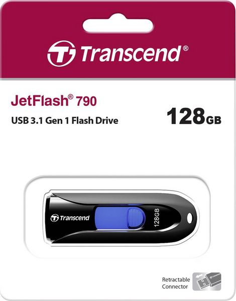 Produktbild: Transcend JetFlash&reg; 790 USB-Stick 128 GB Schwarz, Blau TS128GJF790K USB-A (USB 3.1 Gen 1)