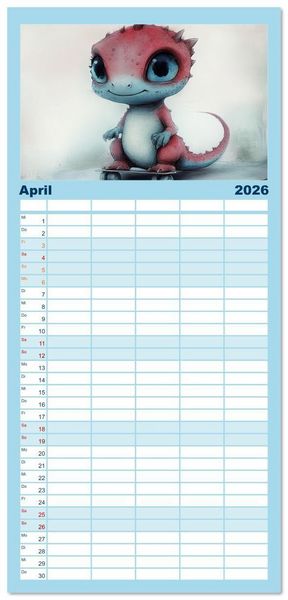 Produktbild: Familienplaner 2026 - Dinozauber &ndash; Wenn Urzeitbewohner zu Freunden werden mit 5 Spalten (Wandkalender, 21 x 45 cm) CALVENDO