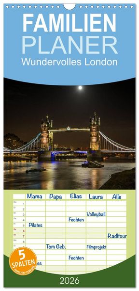 Produktbild: Familienplaner 2026 - Wundervolles London mit 5 Spalten (Wandkalender, 21 x 45 cm) CALVENDO