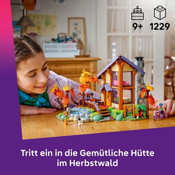Produktbild: LEGO Friends 42705 Gem&uuml;tliche H&uuml;tte im Herbstwald, Bauspielzeug, 4 Spielfiguren, ein Hund und ein Eichh&ouml;rnchen