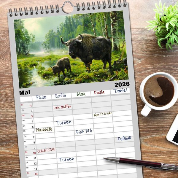 Produktbild: Familienplaner 2026 - Wilde Rinder mit 5 Spalten (Wandkalender, 21 x 45 cm) CALVENDO