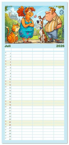 Produktbild: Familienplaner 2026 - Katzen und Frauen. Lustige Cartoons vom t&auml;glichen Chaos mit 5 Spalten (Wandkalender, 21 x 45 cm) CALVENDO