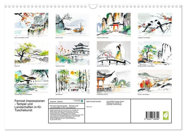 Produktbild: Fernost Impressionen - Tempel und Landschaften in KI-Tuschekunst (Wandkalender 2026 DIN A3 quer), CALVENDO Monatskalender