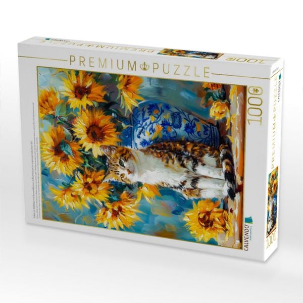 Produktbild: CALVENDO Puzzle Katze im Stillleben mit Sonnenblumen in Blumenvase im impressionistischen Stil | 1000 Teile Lege-Gr&ouml;&szlig;e 64x48cm Foto-Puzzle f&uuml;r gl&uuml;ckliche Stunden