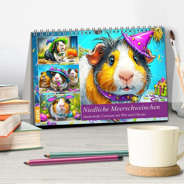 Produktbild: Niedliche Meerschweinchen. Zauberhafte Cartoons mit Witz und Charme (Tischkalender 2026 DIN A5 quer), CALVENDO Monatskalender