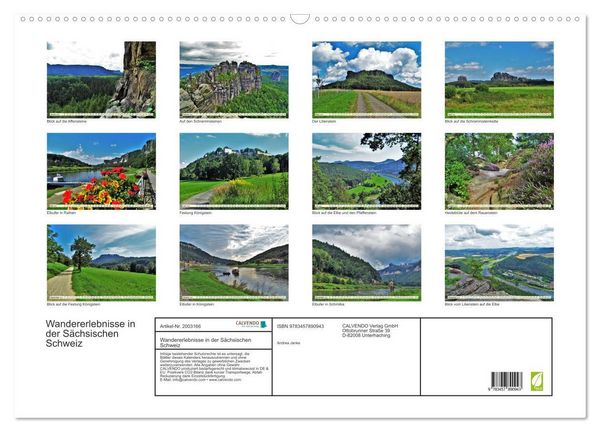 Produktbild: Wandererlebnisse in der S&auml;chsischen Schweiz (Wandkalender 2026 DIN A2 quer), CALVENDO Monatskalender