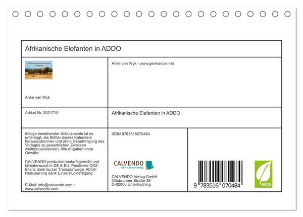 Produktbild: Afrikanische Elefanten in ADDO (Tischkalender 2026 DIN A5 quer), CALVENDO Monatskalender