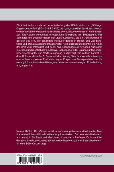 Produktbild: Das kognitive Vorsatzelement mit dem Bezugspunkt der Quasi-Kausalit&auml;t in der Transplantationsmedizin &ndash; Die Rechtsprechung des BGH &ndash;