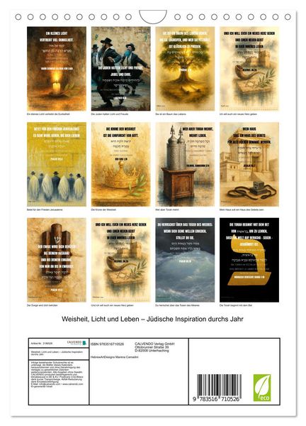 Produktbild: Weisheit, Licht und Leben &ndash; J&uuml;dische Inspiration durchs Jahr (Wandkalender 2026 DIN A4 hoch), CALVENDO Monatskalender