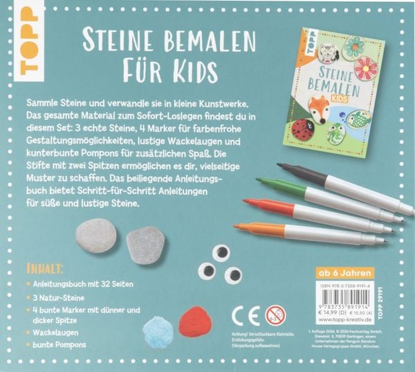 Produktbild: Kreativ-Set: Steine bemalen Kids mit Wackelaugen, Pompons, Anleitungsbuch & Material