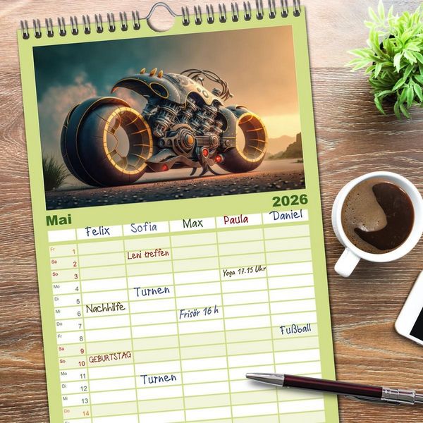 Produktbild: Familienplaner 2026 - Bizzare Motorr&auml;der mit 5 Spalten (Wandkalender, 21 x 45 cm) CALVENDO
