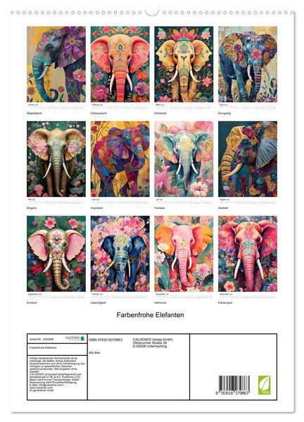 Produktbild: Farbenfrohe Elefanten (hochwertiger Premium Wandkalender 2026 DIN A2 hoch), Kunstdruck in Hochglanz