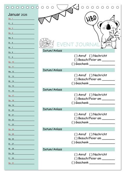 Produktbild: Geburtstagsplaner Doodle Tiere - F&uuml;r Termine, Geschenke, Eventdetails & mehr (Wandkalender 2026 DIN A4 hoch), CALVENDO Monatskalender