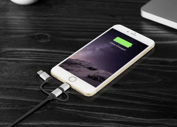 Produktbild: Renkforce USB-Kabel USB 2.0 USB-A Stecker, USB-C&reg; Stecker, USB-Micro-B Stecker, Apple Lightning Stecker 0.25 m Dunkelgrau gesleeved RF-3335106