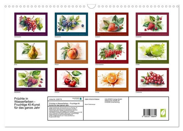Produktbild: Fr&uuml;chte in Wasserfarben - Fruchtige KI-Kunst f&uuml;r das ganze Jahr (Wandkalender 2027 DIN A3 quer), CALVENDO Monatskalender