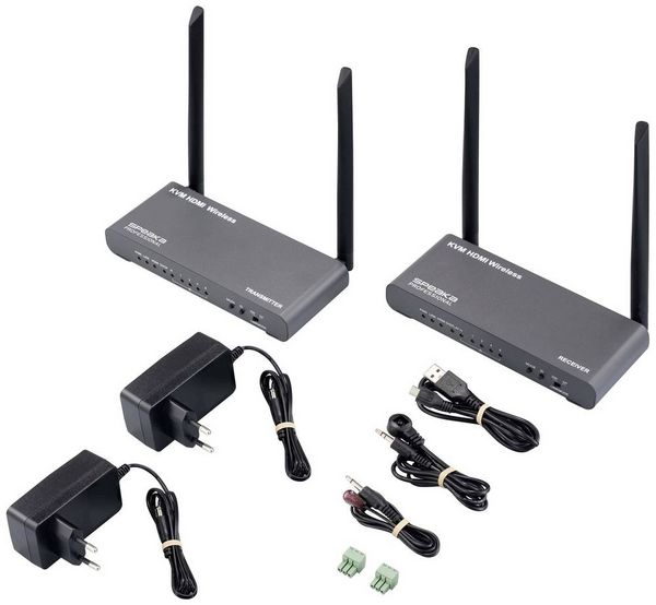 Produktbild: SpeaKa Professional SP-HDE-620 HDMI-Funk&uuml;bertragung (Set) 100 m 5 GHz 3840 x 2160 Pixel KVM-Funktion (Tastatur, Bildschirm, Maus), mit Loop-Funktion