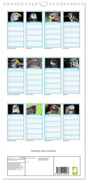 Produktbild: Familienplaner 2026 - Greifv&ouml;gel, Eulen und K&auml;uze mit 5 Spalten (Wandkalender, 21 x 45 cm) CALVENDO