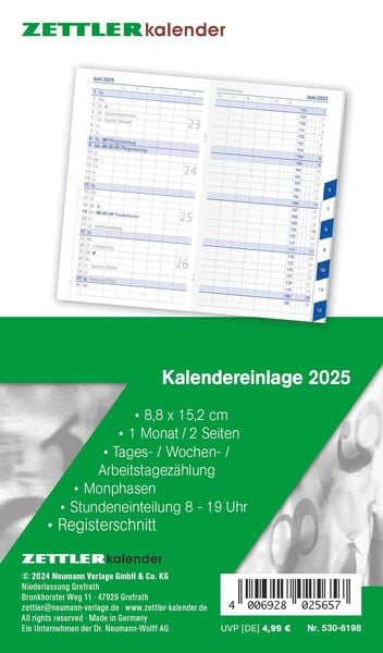 Zettler - Kalender-Ersatzeinlage 2025, 8,8x15,2cm, für den Taschenplaner Typ 530, 1 Monat auf 2 Seiten, Registerschnitt,