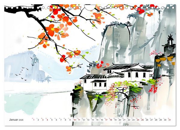Produktbild: Fernost Impressionen - Tempel und Landschaften in KI-Tuschekunst (Wandkalender 2026 DIN A4 quer), CALVENDO Monatskalender