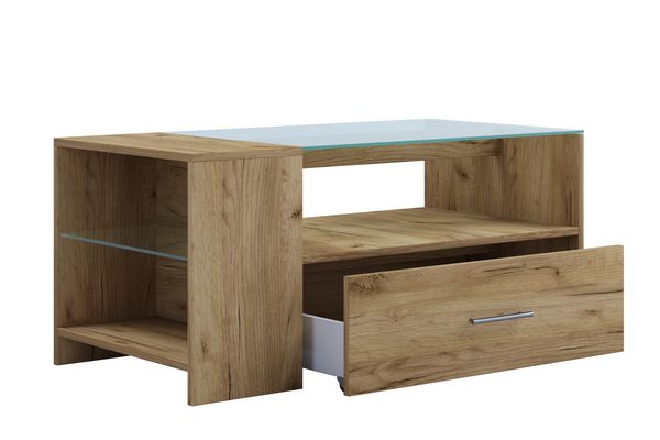 Produktbild: Holz Sofatisch Couchtisch Schublade Glas Tindala