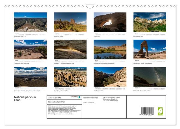 Produktbild: Nationalparks in Utah (Wandkalender 2026 DIN A3 quer), CALVENDO Monatskalender
