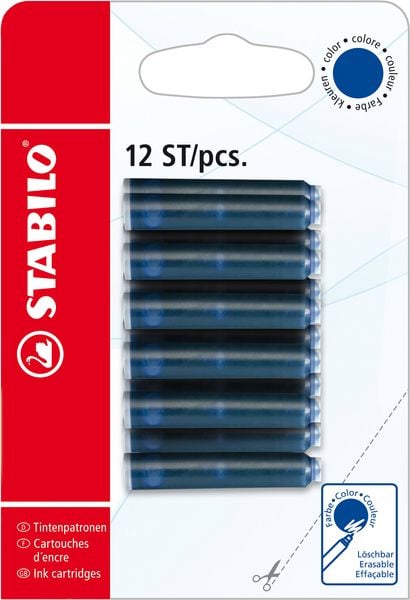 Produktbild: STABILO Patronen zum Nachf&uuml;llen -   Tintenpatrone - Schreibfarbe blau (l&ouml;schbar) - 12er Pack
