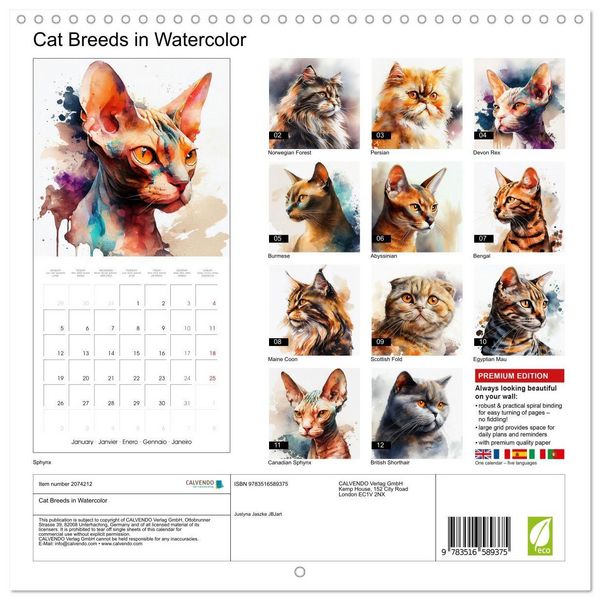 Produktbild: Cat Breeds in Watercolor (Wall Calendar 2026 12 &times; 12 Inch) CALVENDO 12 Month Wall Calendar