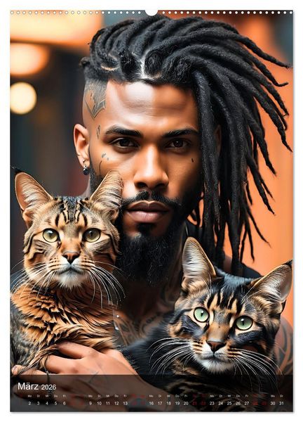 Produktbild: Verschmuste Kerle - Muskeln, Tattoos und Miezekatzen (hochwertiger Premium Wandkalender 2026 DIN A2 hoch), Kunstdruck in Hochglanz