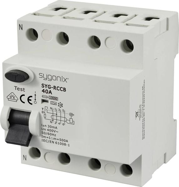 Produktbild: Sygonix SY-6438018 SYG-RCCB 3P+N/A40/10kA/30mA Fehlerstrom-Schutzschalter A 4polig 40 A 0.03 A 400 V/AC