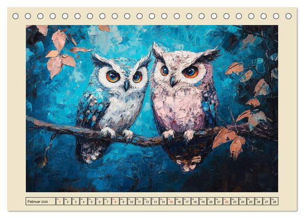 Produktbild: Bunte Eulenpoesie. Kunstvolle V&ouml;gel in &Ouml;lgem&auml;lde-Optik (Tischkalender 2026 DIN A5 quer), CALVENDO Monatskalender