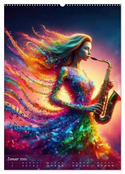 Produktbild: Musikalische Magie &ndash; Frauen in klangvollen Kleidern aus Noten und Farbe (hochwertiger Premium Wandkalender 2026 DIN A2 hoch), Kunstdruck in Hochglanz
