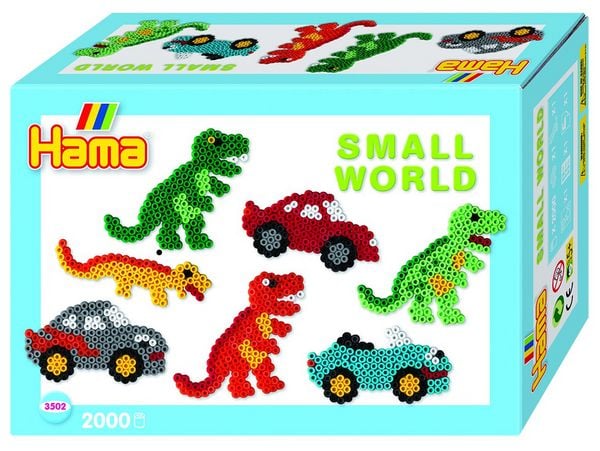 Hama 3502 - Bügelperlen Midi - Geschenkpackung, kleine Welt Dinosaurier & Auto blau