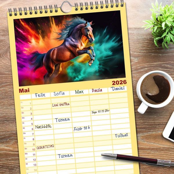Produktbild: Familienplaner 2026 - Pferde im Farbenrausch mit 5 Spalten (Wandkalender, 21 x 45 cm) CALVENDO