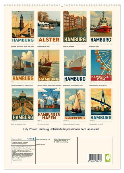 Produktbild: City Poster Hamburg - Stilisierte Impressionen der Hansestadt (hochwertiger Premium Wandkalender 2027 DIN A2 hoch), Kunstdruck in Hochglanz