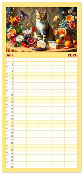 Produktbild: Familienplaner 2026 - Klassische Katzenportr&auml;ts - Katzen in opulenten Stillleben mit 5 Spalten (Wandkalender, 21 x 45 cm) CALVENDO