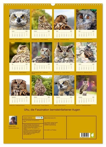 Produktbild: Uhu, die Faszination bernsteinfarbener Augen (Wandkalender 2026 DIN A2 hoch), CALVENDO Monatskalender