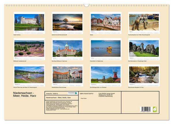 Produktbild: Niedersachsen - Meer, Heide, Harz (Wandkalender 2026 DIN A2 quer), CALVENDO Monatskalender