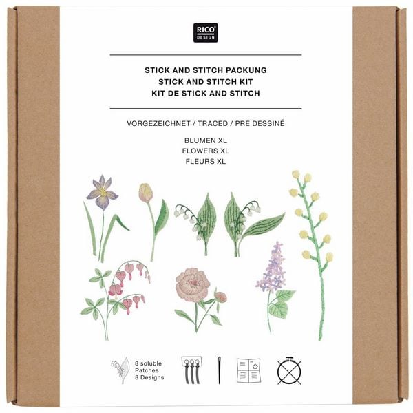 Produktbild: Stick & Stitch Packung, Blumen XL // 8 Stk., 8 Designs // Wasserl&ouml;sliche Stickvorlage, Stickgarn, Sticknadel und Anleitung