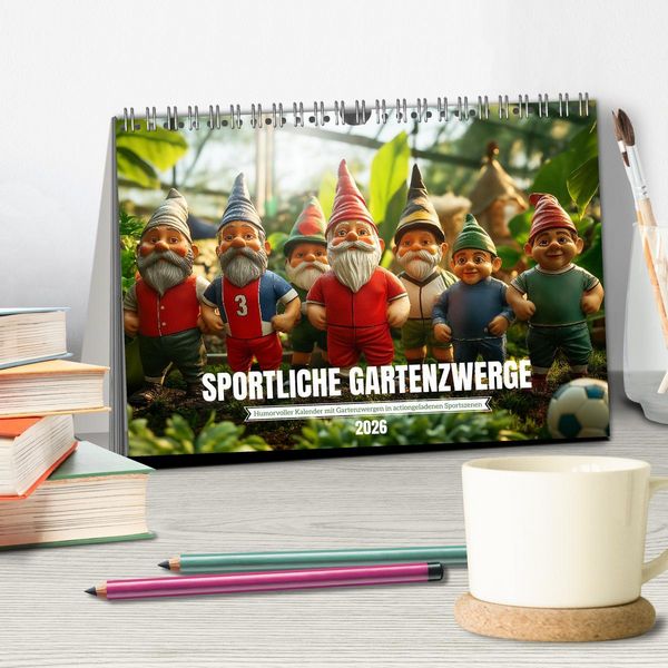 Produktbild: Sportliche Gartenzwerge (Tischkalender 2026 DIN A5 quer), CALVENDO Monatskalender
