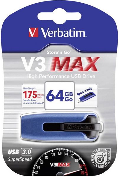 Produktbild: Verbatim V3 Max USB-Stick 64GB Blau 49807 USB-A (USB 3.2 Gen 1)
