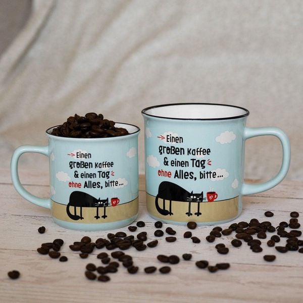 Produktbild: Becher in Emailloptik "Einen gro&szlig;en Kaffee & einen Tag ohne Alles, bitte..."