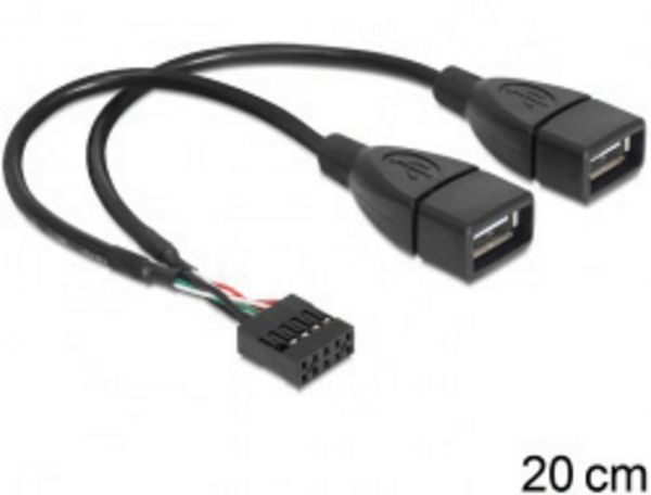 Produktbild: Delock USB-Kabel USB 2.0 Pfostenstecker 8pol., USB-A Buchse 0.20 m Schwarz UL-zertifiziert 83292