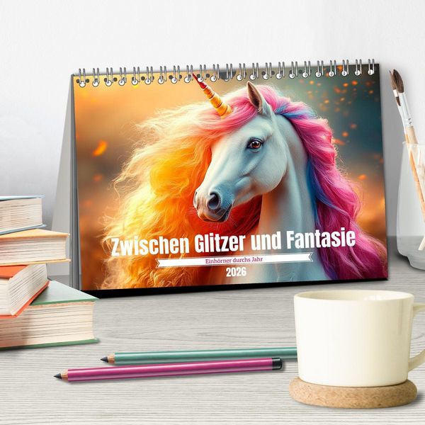 Produktbild: Zwischen Glitzer und Fantasie-Einh&ouml;rner durchs Jahr (Tischkalender 2026 DIN A5 quer), CALVENDO Monatskalender