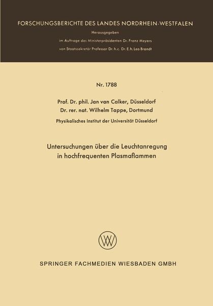 Untersuchungen über die Leuchtanregung in hochfrequenten Plasmaflammen, Taschenbuch von Jan van Calker, VS Verlag für Sozialwissenschaften,