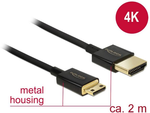 Delock HDMI Anschlusskabel HDMI-A Stecker, HDMI-Mini-C Stecker 2.00 m Schwarz 84778 4K UHD, vergoldete Steckkontakte HDM