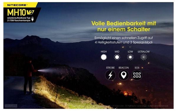 Produktbild: NiteCore MH10 V2 LED Taschenlampe akkubetrieben 1200lm 1500h 77.5g