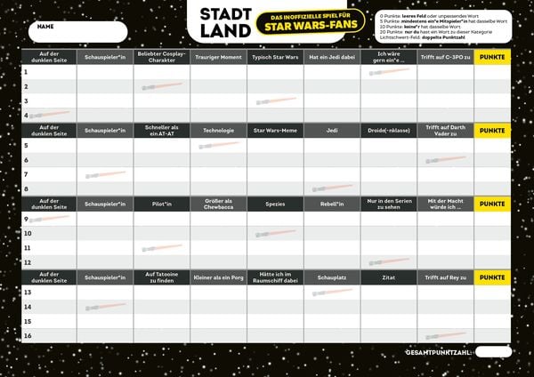 Produktbild: Stadt, Land, das inoffizielle Spiel f&uuml;r Star Wars-Fans &ndash; Der Spieleklassiker f&uuml;r alle Fans von Luke, Leia und Rey