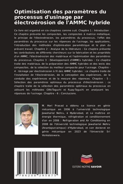 Produktbild: Optimisation des param&egrave;tres du processus d'usinage par &eacute;lectro&eacute;rosion de l'AMMC hybride